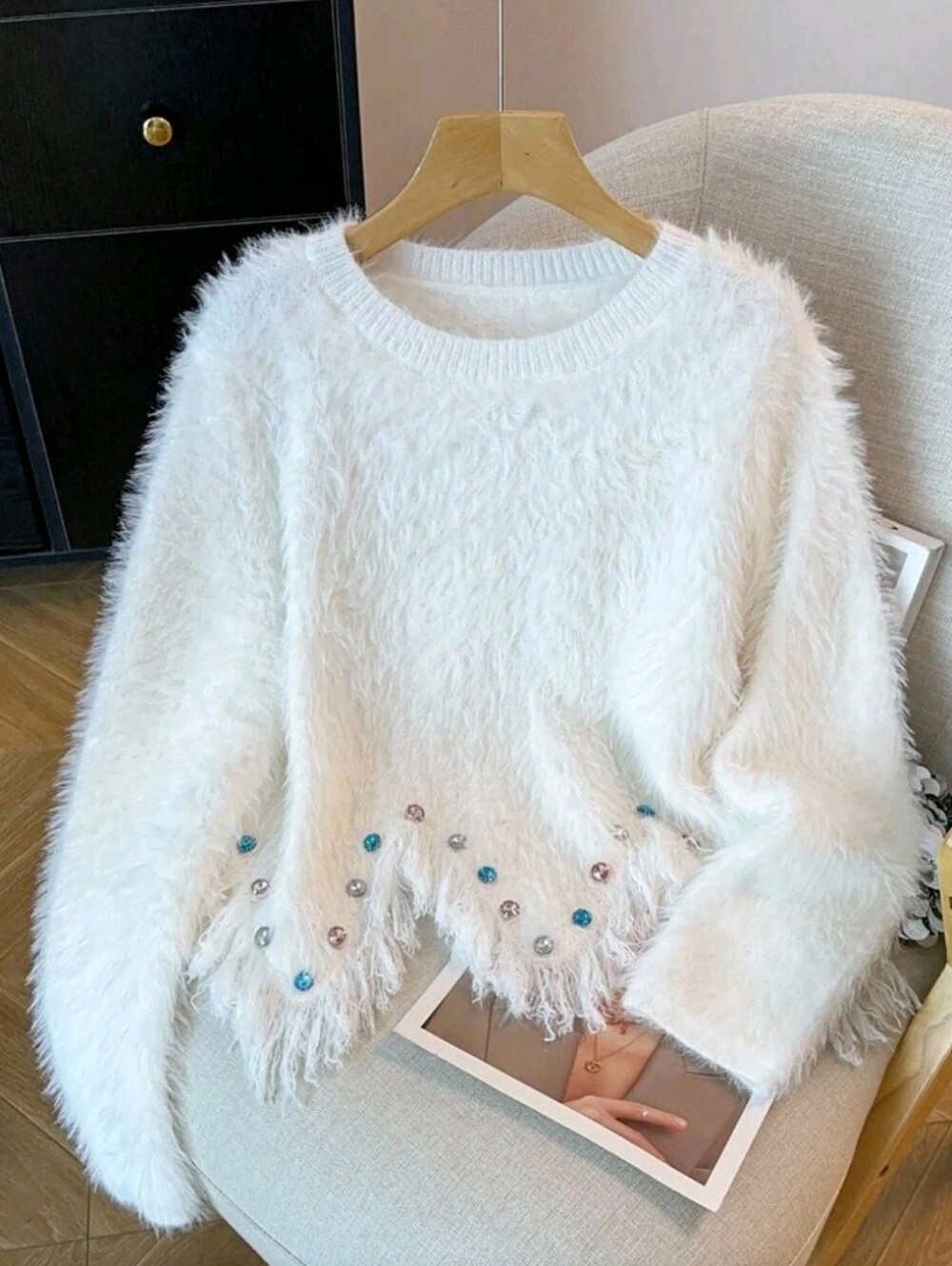Women's Elegant White Autumn Everyday Faux Mink Pullover Sweater,Handmad